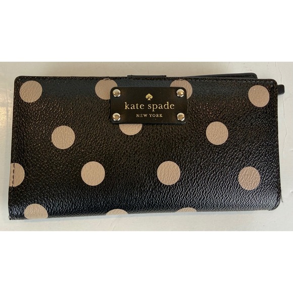 kate spade Handbags - Kate Spade Polka Dot Slim Bifold Wallet Black/Cream Leather Zippered Pocket GUC